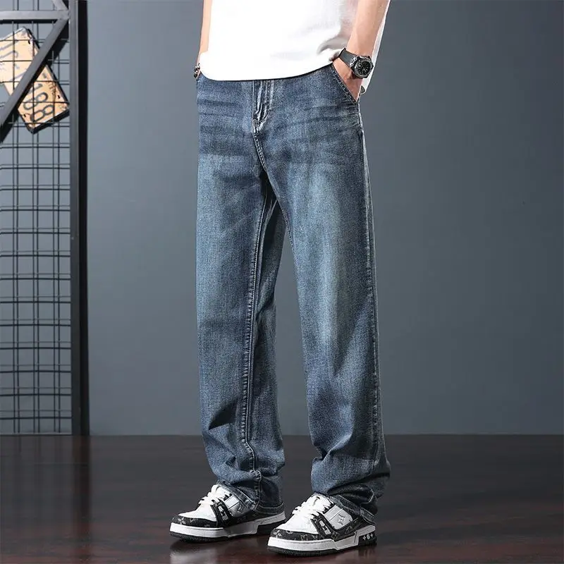 Men's Stretch Loose Straight Jeans Summer Thin Lightweight Business Casual Pants 2026 New Versatile Trousers