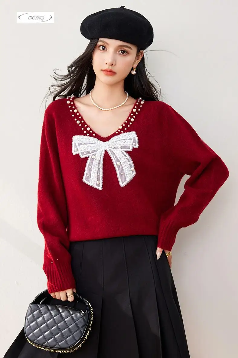 

Autumn Winter Beading Bow Loose Red Knitted Pullover Sweater for Women Elegant Fashion Christmas Thick Warm Tops Knitwear 3501