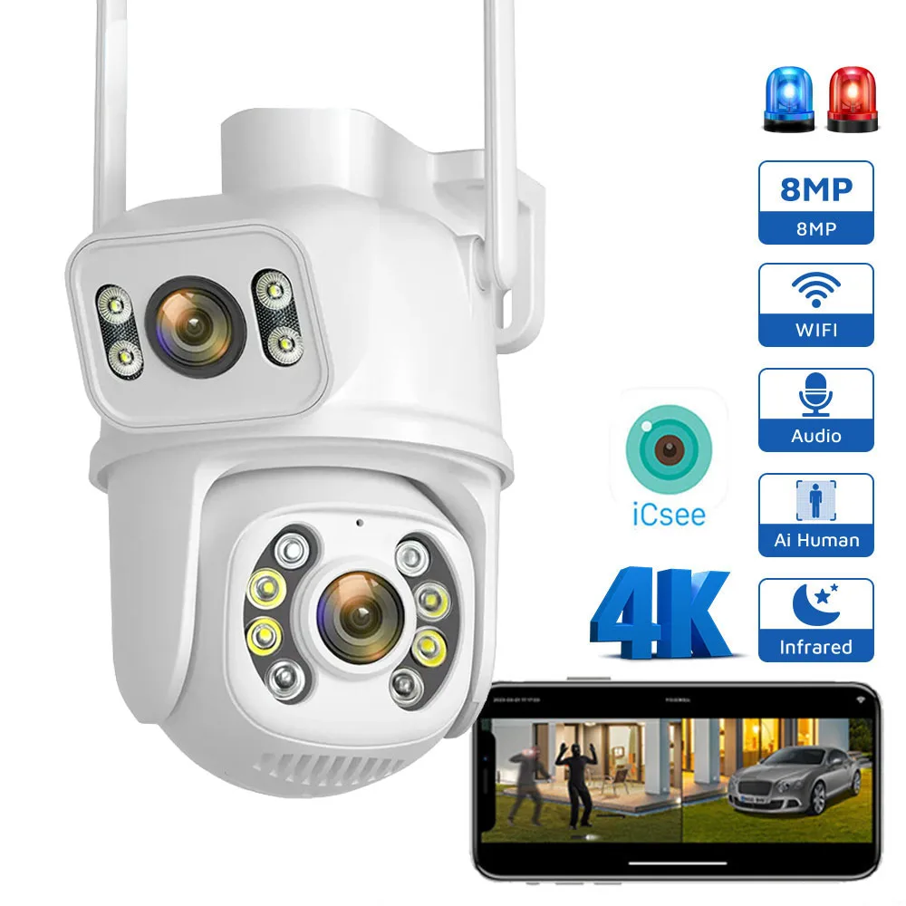 4K PTZ 8MP Wifi Camera Dual Lens with Dual Screen Ai Human Detect Auto Tracking Wireless Outdoor Surveillance Camera iCSee App