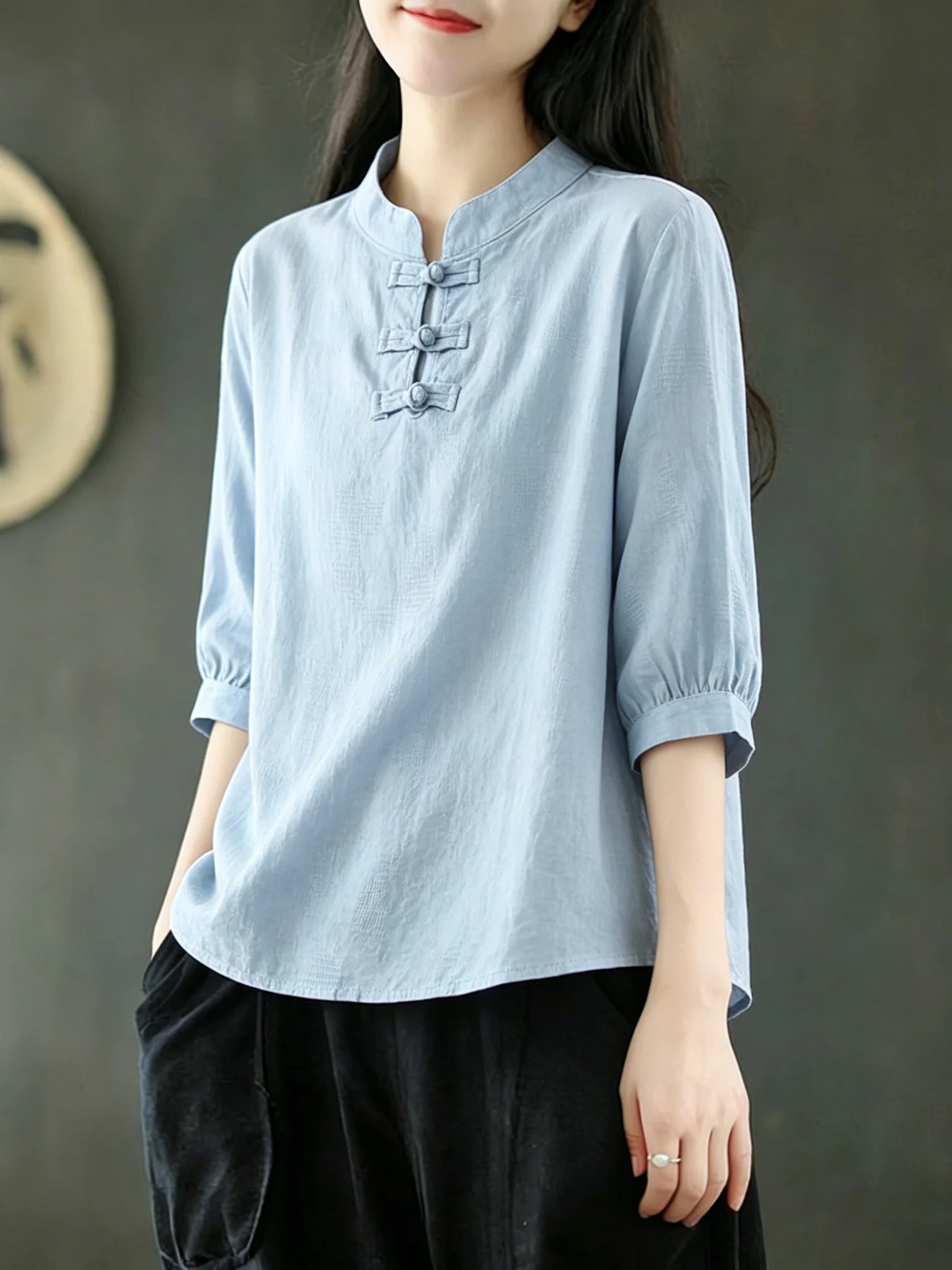 

New Chinese Style Zen Buddha Button Stand Collar Cotton Linen Loose Slimming Mommy Artistic Shirt Summer Women's Fashion