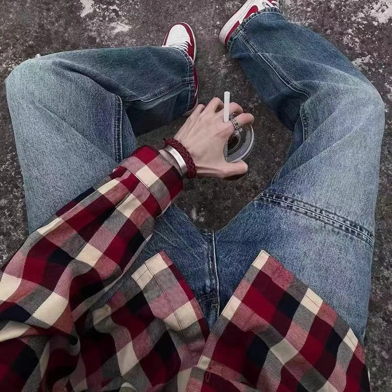 

New Straight Jeans Mens Trendy Streetwear Denim Pants Casual Versatile Straight Trouser Korean Style Essentials Vibe Trousers