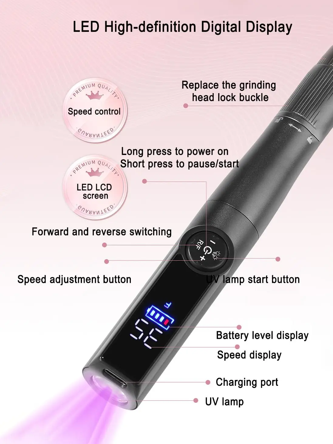 Perceuse à ongles rechargeable Pro 2 en 1 et lampe UV, perceuse électrique 35000 tr/min pour ongles en acrylique |   Outil de manucure bricolage pour salon et maison