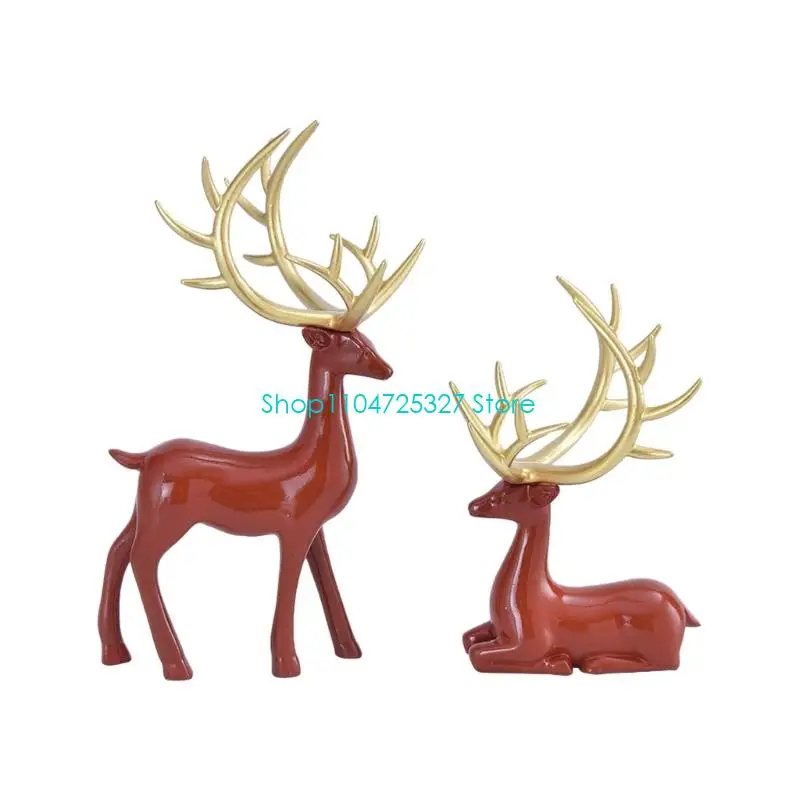 D8KF Resins Reindeer Statues Christmas Home Decors 2 Piece Set With Standing And Sitting Poses Modern Deer Sculptures Gift