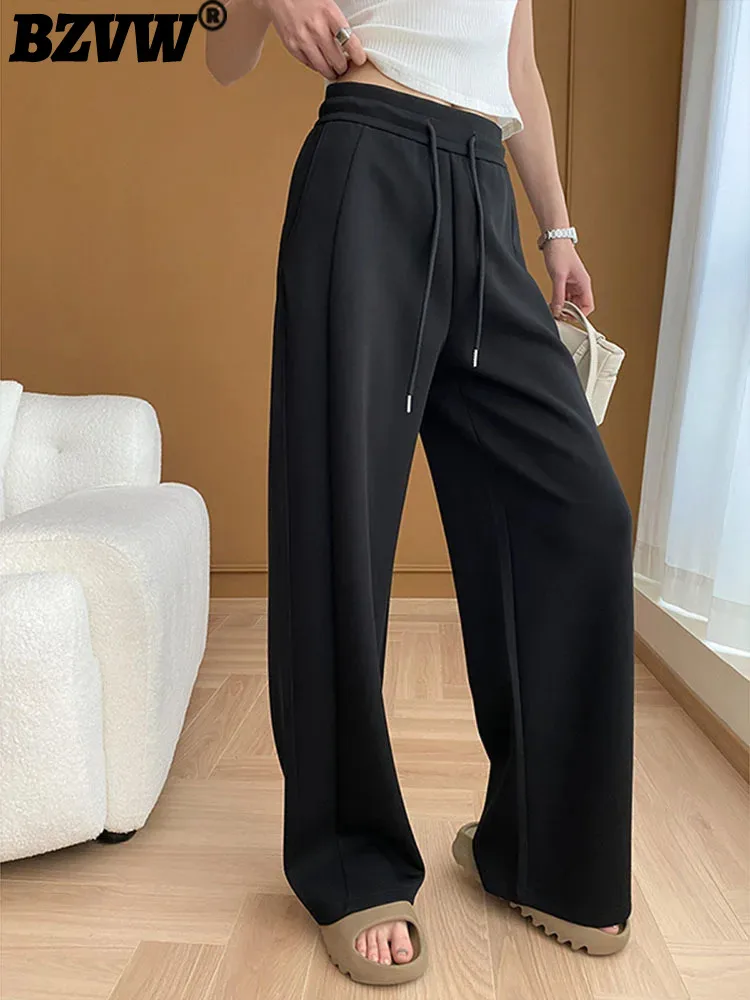 

BZVW Temperament Wide Leg Pants For Women Drawstring Elastic High Waist Solid Color Casual Trousers 2024 New Clothing 25A561