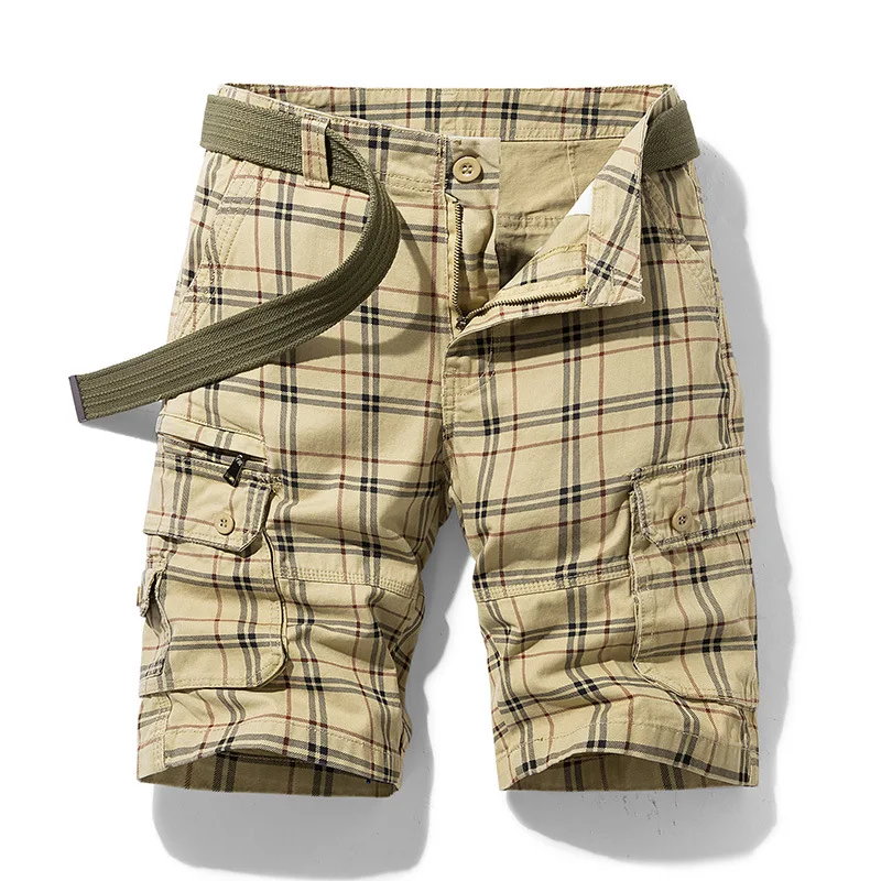 New Summer Men Cotton Plaid Casual Shorts Jogger Loose Tooling Shorts Pants High Quality Male Straight Knee Length Shorts Pants