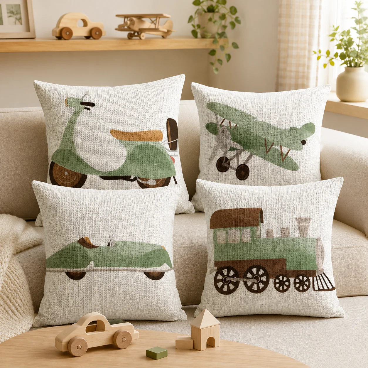 Sailboat Rocket Hot Air Balloon Plane Linen Cushion Cover Double-Sided Printed Breathable Soft Pillow Case For Sofa Home Gift