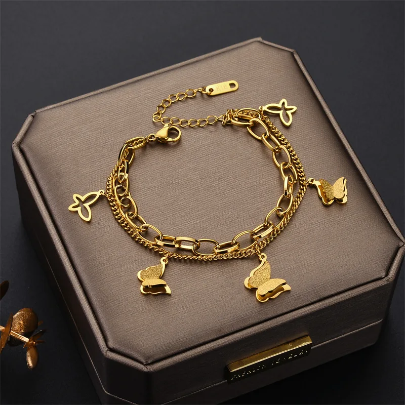 316L Stainless Steel New Fashion Upscale Jewelry Multi-element 2 Layer Frosted Butterflys Charm Chain Thick Bracelets For Women