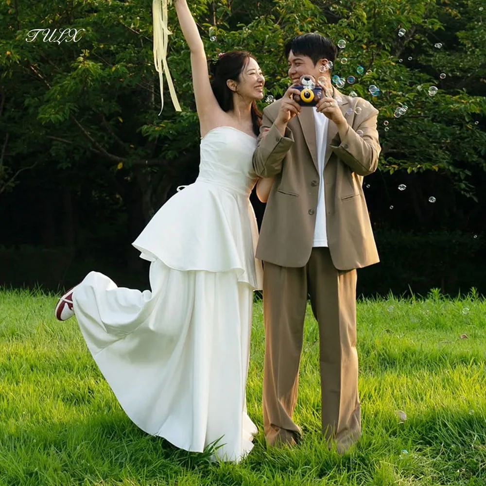 

TULX Elegant Ivory Satin Wedding Dresses Korea Photo Shoot Strapless A line Long Tiered Bridal Gown Corset Customized 웨딩드레스