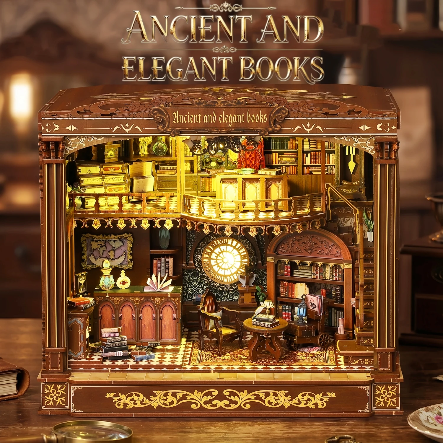Diy Book Nook Ancient Book Library Cottage Wooden Miniature Doll House Assembly Model Kit Home Decor Birthday Gift for Adults