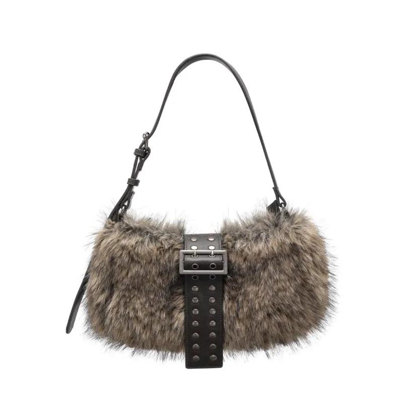 

Faux Fur Shoulder Bag Women New Winter Trend Pillow-shaped Belt-decorated Plush Handbag Elegant Fashion Chic Luxury Female Bags