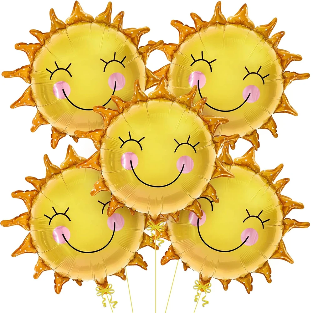 5 uds. Globos de sol con cara sonriente para fiesta, globos de sol Mylar de 26 pulgadas, globos de verano para decoraciones de primer cumpleaños de sol