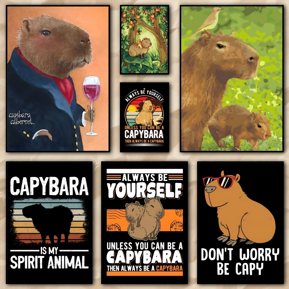 1PC--cute Capybara Cartoon Animal Painting Calligraphy pictures Room Home bedroom interior wall decoration Canvas Poster art