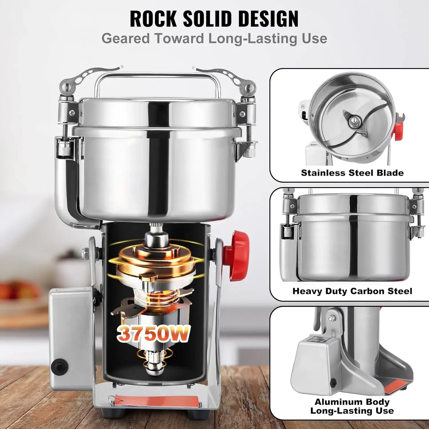 2500g Electric Grain Mill Grinder, 3750W High-Speed Commercial Grinders, Stainless Steel Swing Type Pulverizer Machine