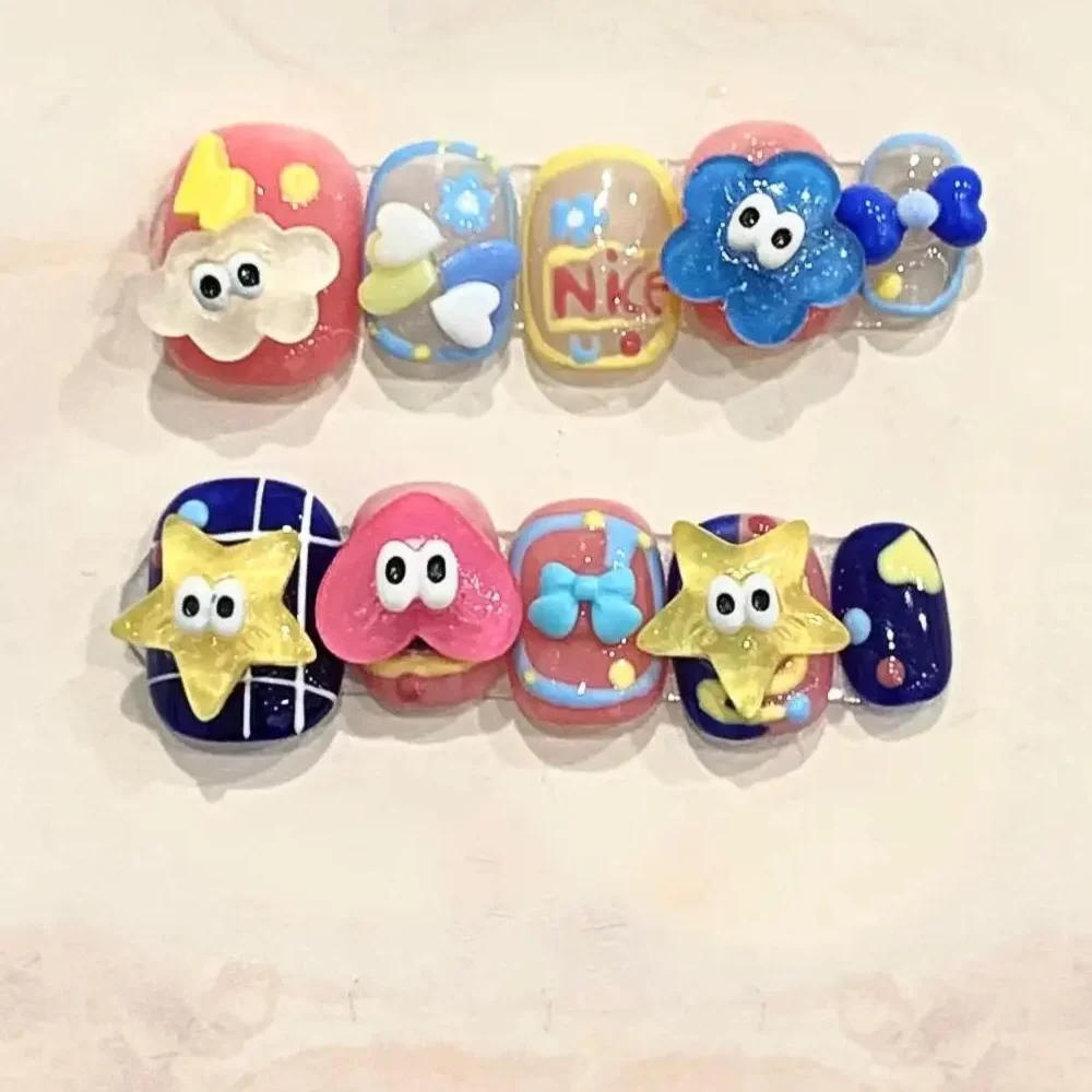 

Handmade Press on Nails Cartoon Resin Star Cloud Decor False Nail Tips for Girls Wearable Sweet Short Fake Nail Patches 10pcs