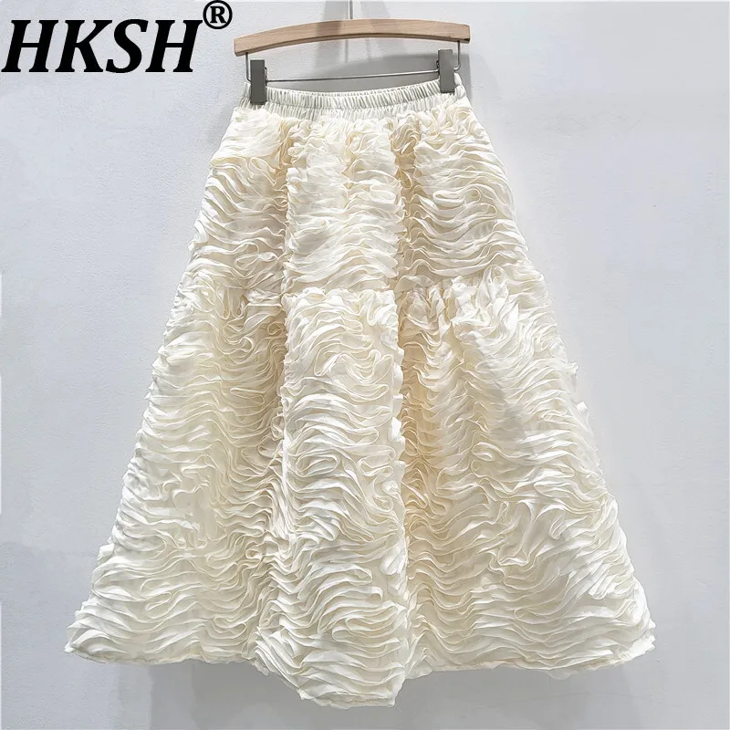 

HKSH Spring Autumn New Women Skirt Elastic Waisted Solid Color Heavy Three-Dimensional Floral A-Line French Sweet Skirts HK13143