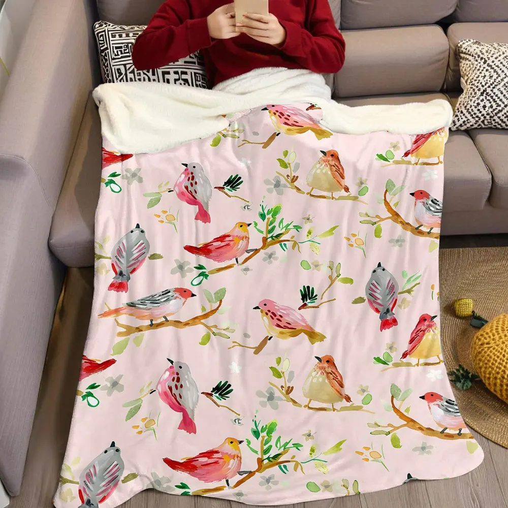 Watercolor Branch Bird Flannel Blanket Warm Soft Halloween Christmas Decorative Couch Warm Cozy All-Season Gift