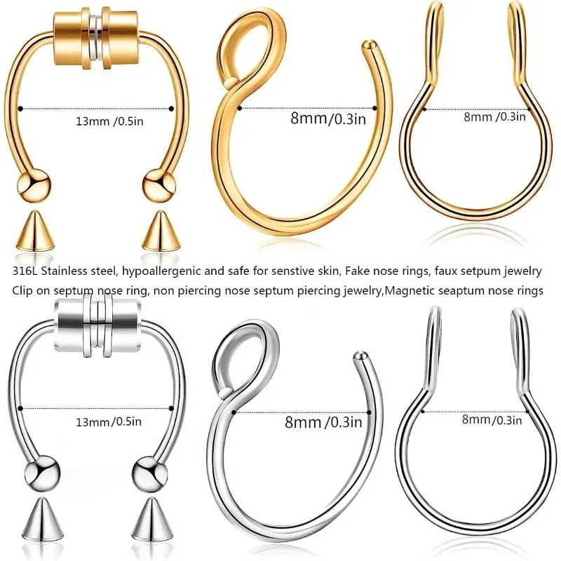 3Pcs Fake Nose Ring Magnetic Nose Septum Piercing Hoop Stainless Steel Horseshoe Clip No-Pierced Septum Ring Body Jewelry