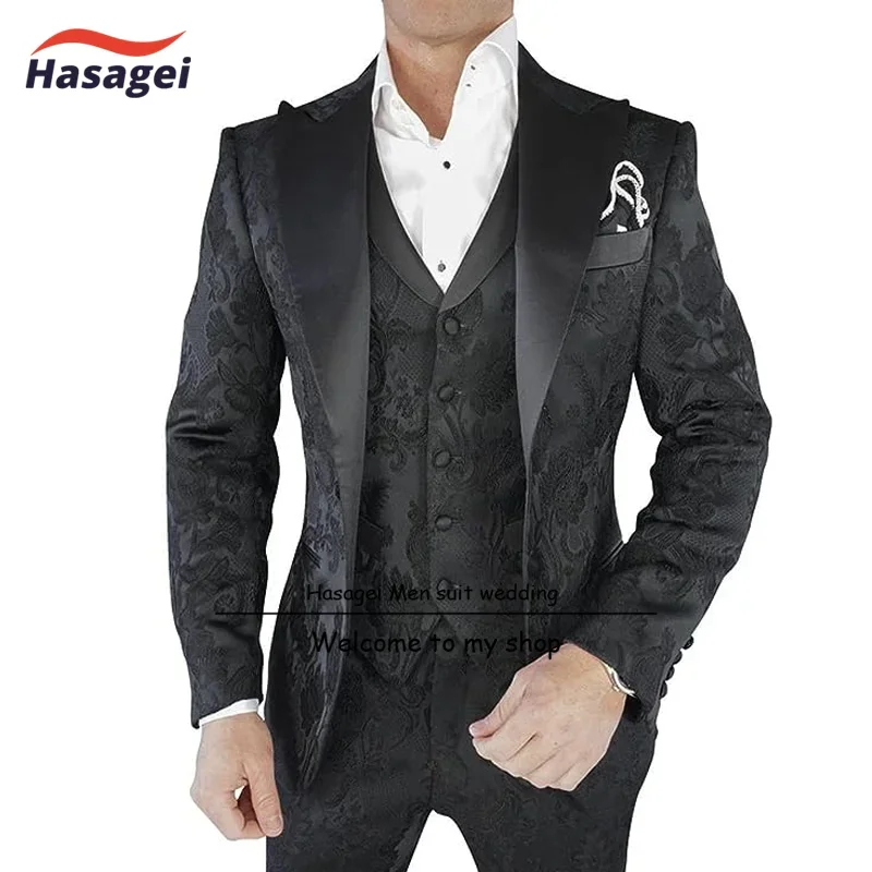 Men\'s Suit Wedding Tuxedo 3-piece Set Elegant Men\'s Patterned Jacket Pants Vest Formal Groom Blazer