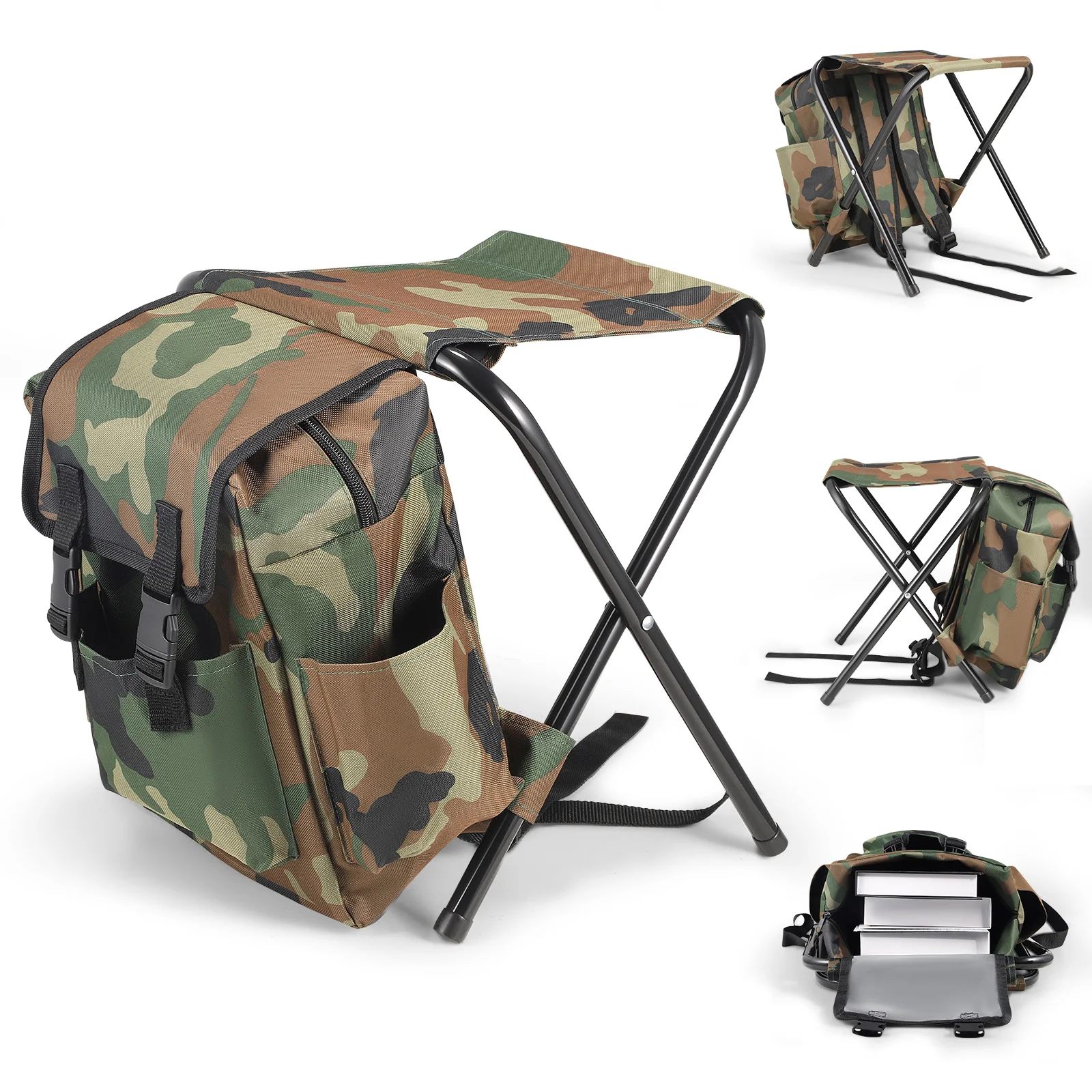 Folding Camping Chair with Cooler Bag Compact Foldable Seat with Backrest and Handle for Camping Fishing Hunting Hiking