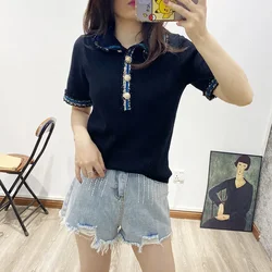 Women Knitted Sweater Color Contrast Turn-down Collar Short Sleeve Casual Pullover with Buttons