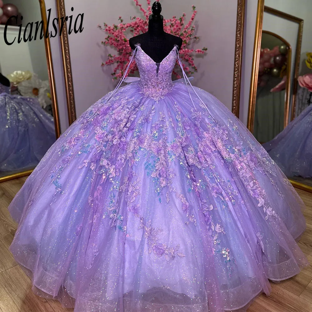 Vestido De quinceañera lila con apliques De lentejuelas, lazo De encaje, correa De espagueti, corsé De flores 3D, 15 Años