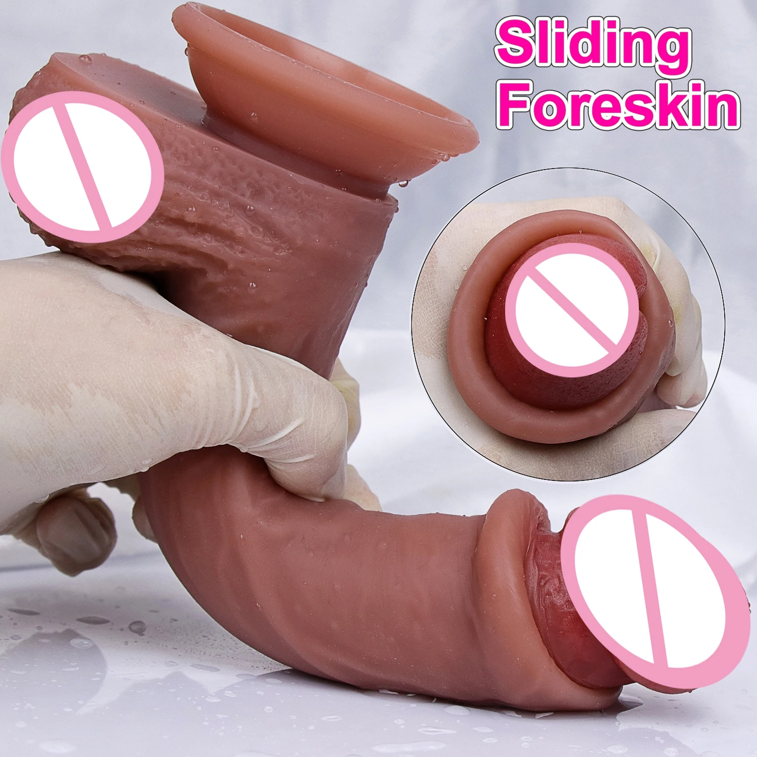 Strong Male Sliding Foreskin Big Dildo Skin Feel Suction Cup Thick Cock Anal Adult Toy for Men Women Gay Double Silicone Penis