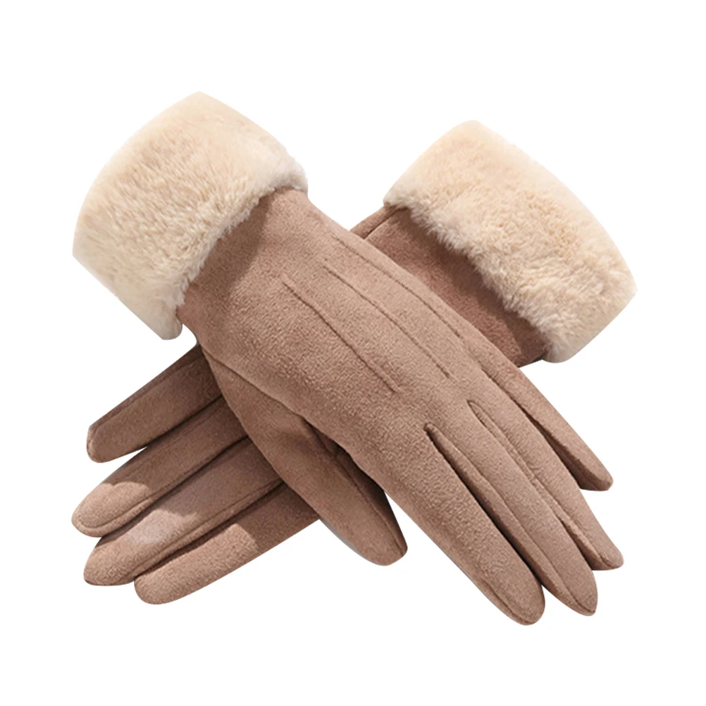 1Pair Winter Elegant Suede Touch Screen Gloves Khaki Thickened Hand Protection Gloves for Driving Riding Cycling Outdoor Use