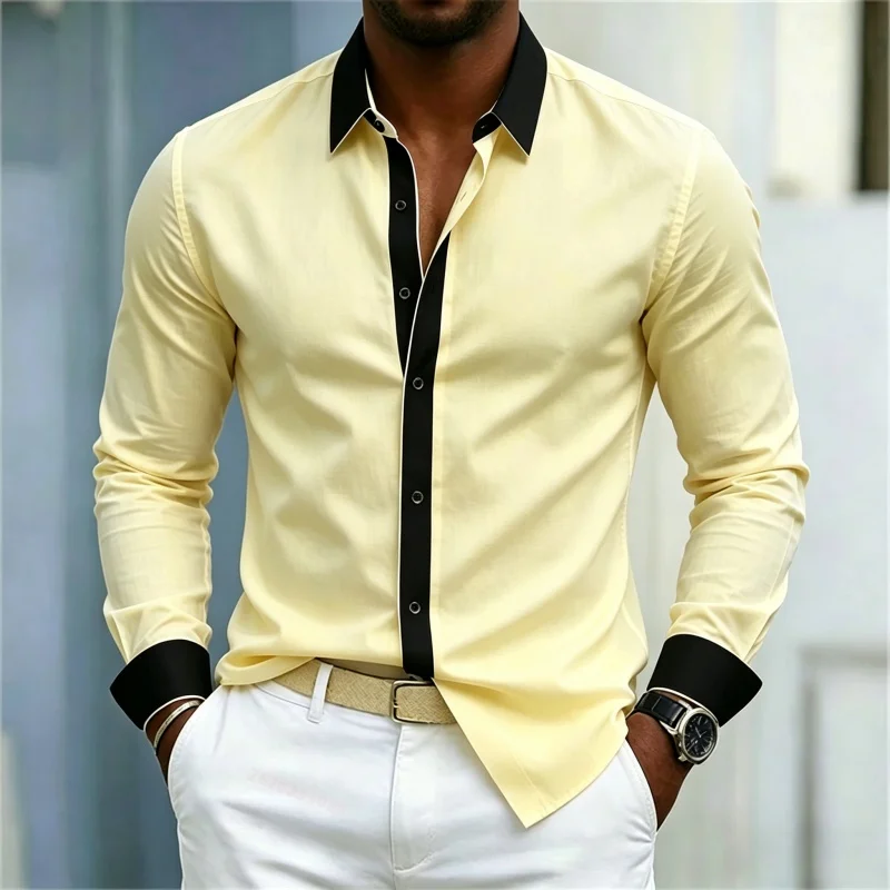 Men's shirt black and white contrasting splicing men's lapel long sleeved shirt slim fit business casual men's top XS-6XL size