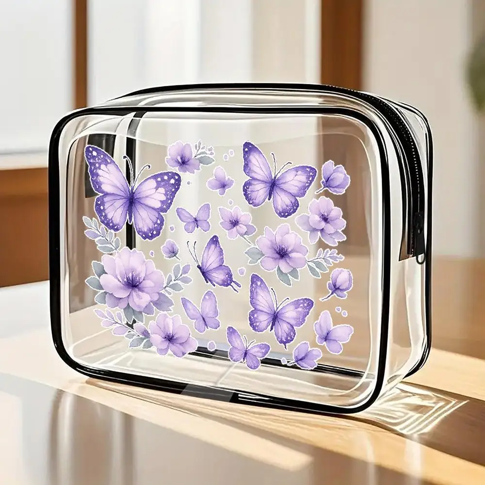 

Women' Transparent Toiletry Bag With Purple Watercolor Clear Cosmetic Organizer Suitable For Travel Zipper Closure Portable Ma
