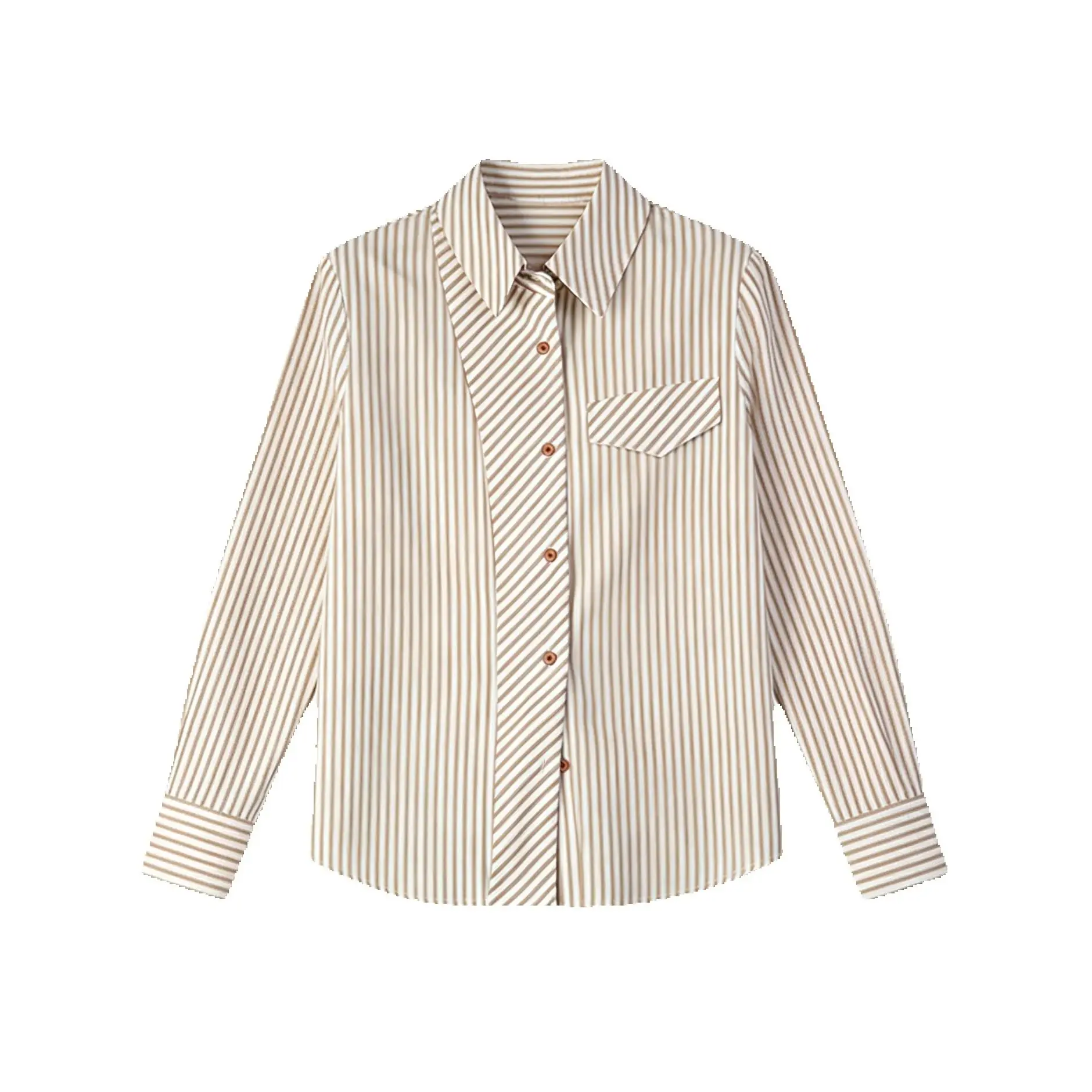 

Women's Khaki Black Stripe Casual Shirt Turn-down Collar Long Sleeve Y2K French Fashion 2000S Retro Top Spring Autumn Clothes