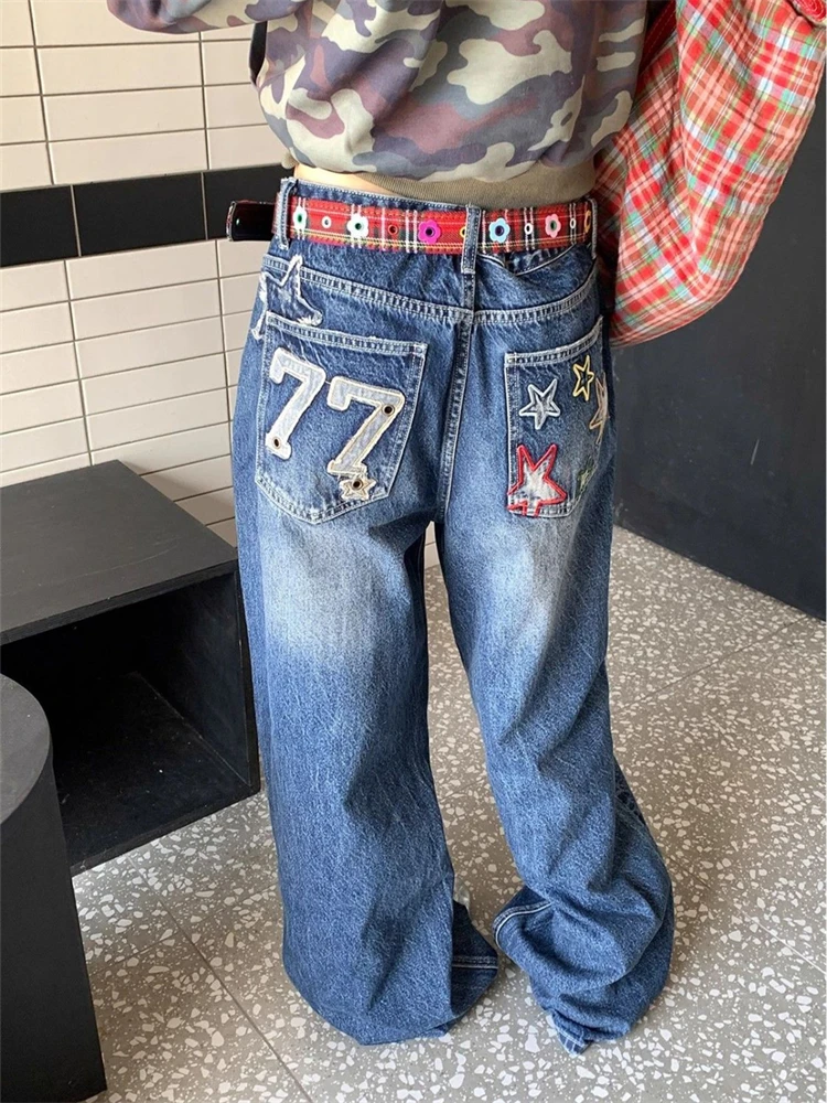 

Женские мешковатые джинсы в стиле ретро с вышивкой в виде звезд и буквами, уличные брюки для девочек, женские винтажные брюки с широкими штанинами и высокой талией