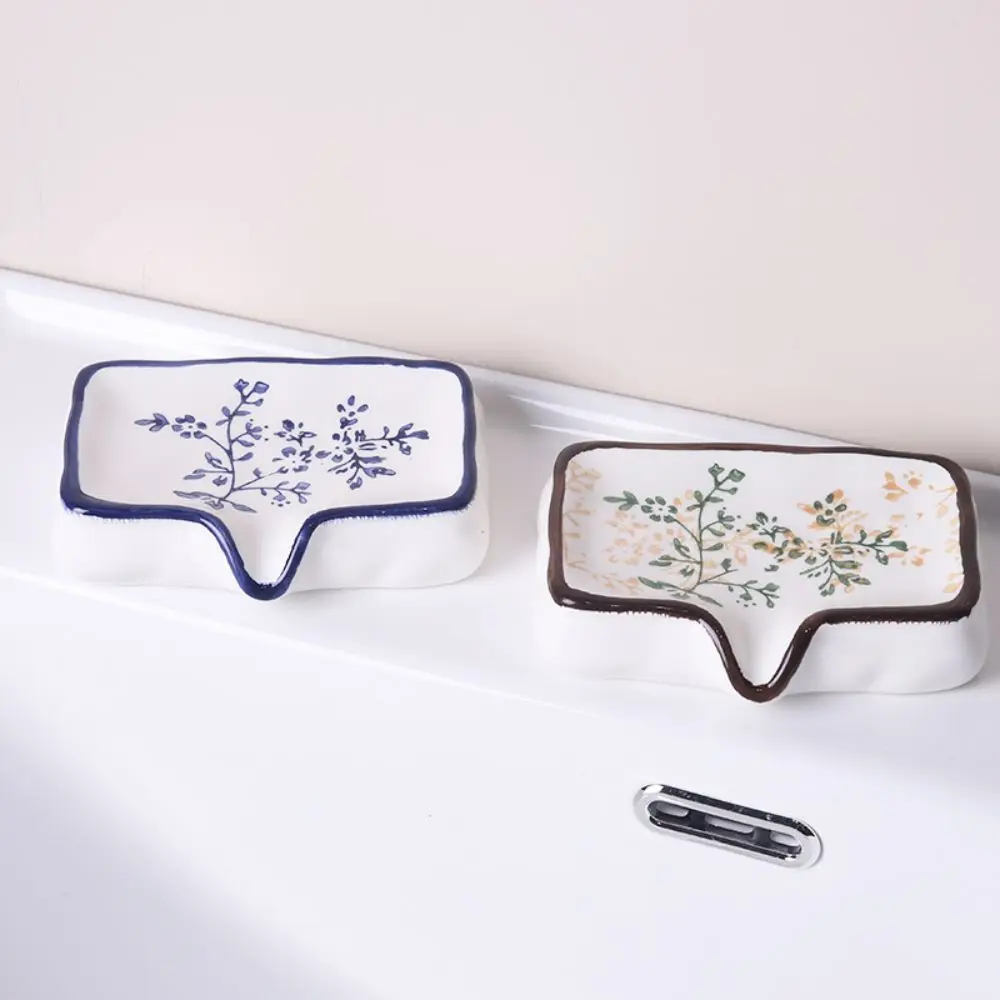 Vintage Ceramic Soap Box Non-Slip Waterproof Bathroom Soap Dish Self Draining Floral Patterned Soap Holder Bathroom Sink