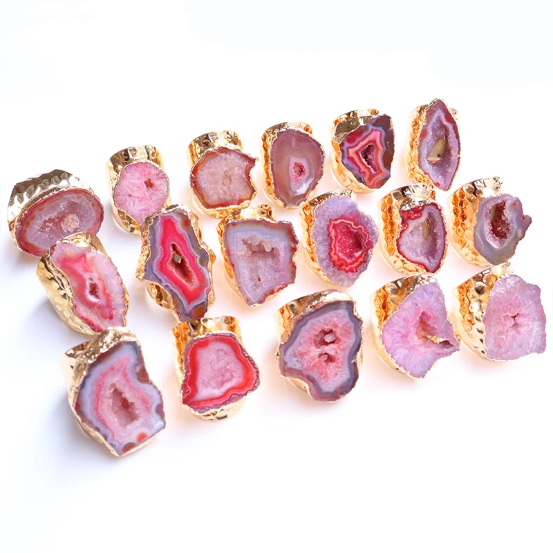 OUENGE Agate Geode Charm Rings Women Natural Stone Gold Plated Cuff Adjustable Finger Jewelry OG124