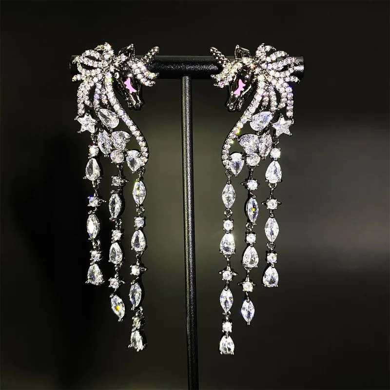 Unicorn Head Long Tassel Dangle Earrings Purple Pink Gradient Cubic Zirconia Silver Tone Statement Ear Jewelry For Women