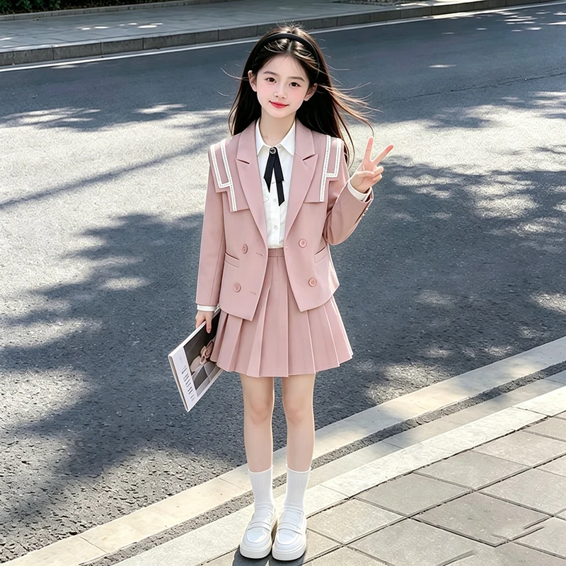 Girls 3‑Piece School Outfit Sailor Collar Blazer Long‑Sleeve Shirt Pleated Skirt With Bow for 6‑14 Years Old