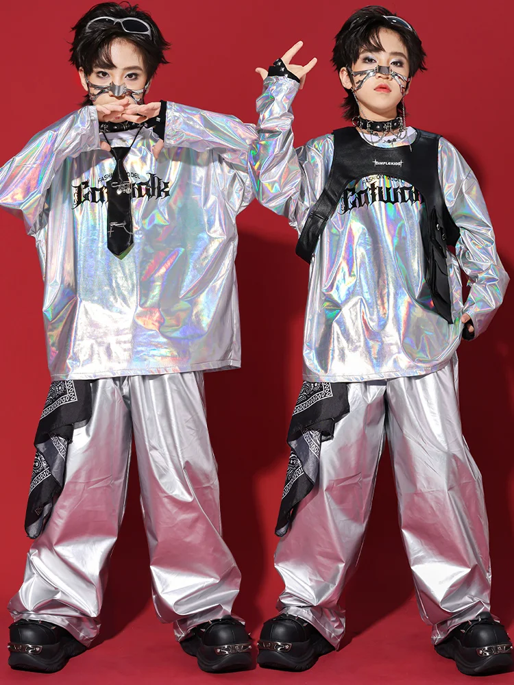 

2025 Boys Sliver Hiphop Outfits Jazz Dance Performance Costumes For Girls Street Dance Wear Kpop Hip Hop Dance Clothes DQS21480