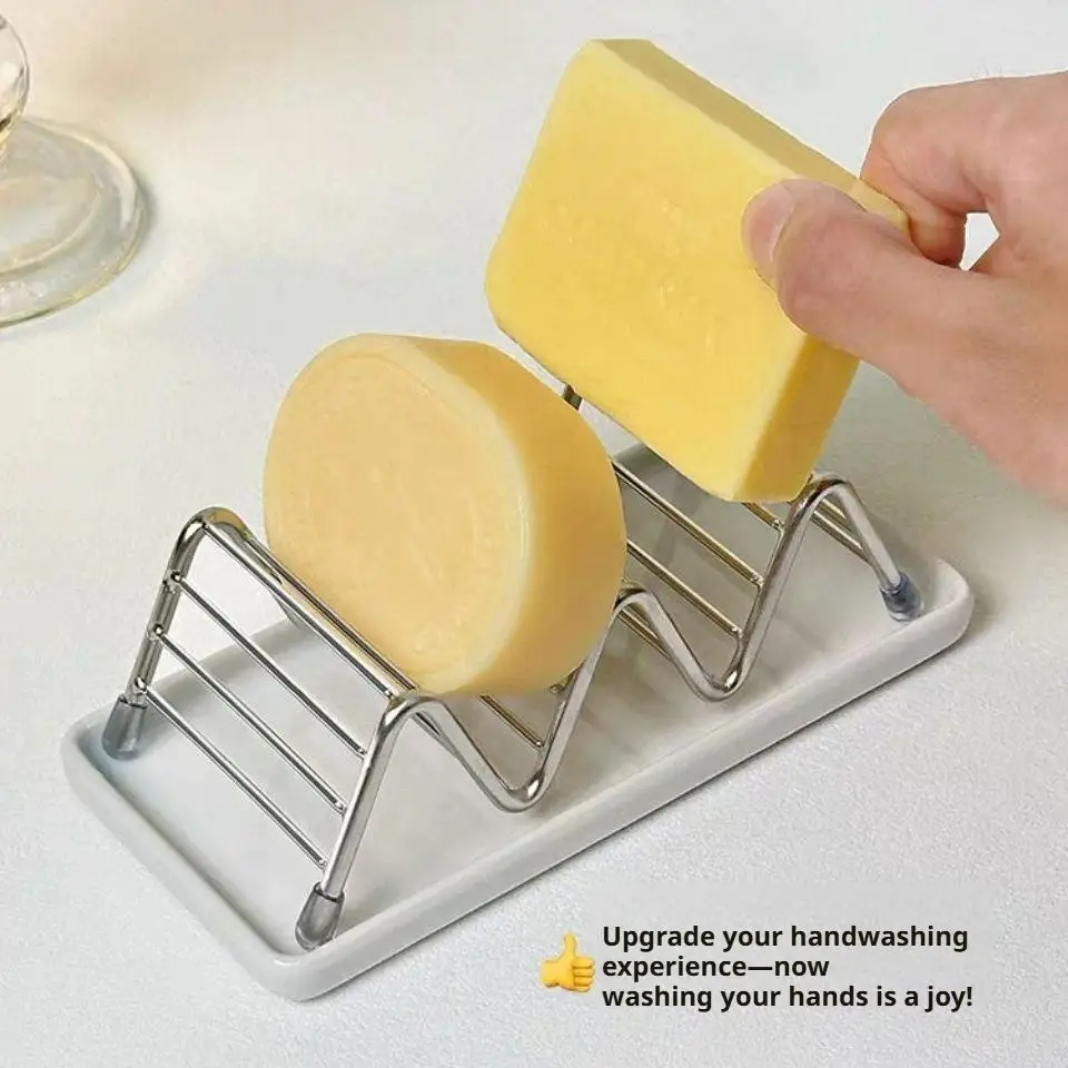 Stainless Steel Soap Dish with Wave Design Ceramic Tray for Bathroom Countertop Vanity Kitchen Organizer Organization
