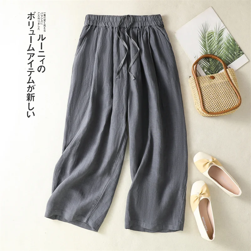 

Summer Cotton Linen Wide Legs Pants Loose Elastic Waist Casual Trousers All Match Ankle Length Pants Literary
