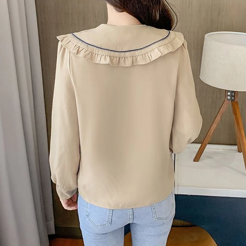 2023 Autumn Women Korean Fashion Elegant Button Shirts Sweet Ruffled Peter Pan Collar Solid Blouses Long Sleeve Chic Tops Blusa