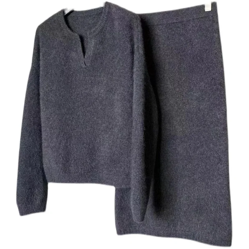 Premium Autumn/Winter 100% cashmere set solid color POLO collar fleece sweater + mid-length skirt two-piece set