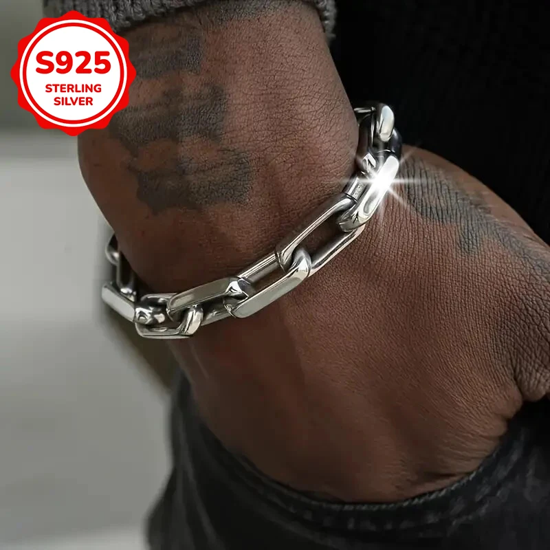 

925 sterling silver hip-hop trend thick Cuban square box men's bracelet is suitable for wearing as a necklace at daily gathering
