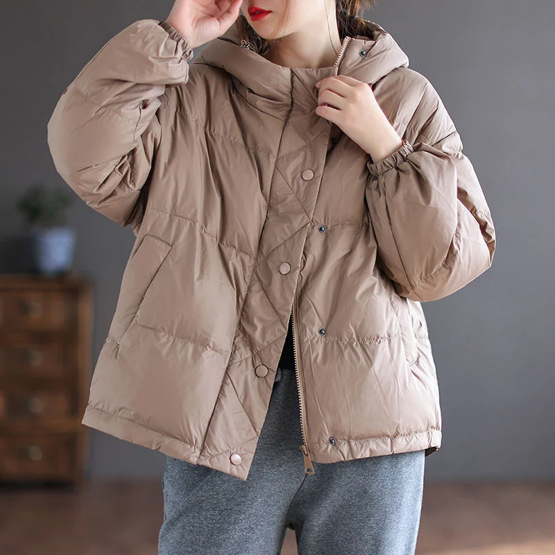 Korean Style Coat Women 90% White Duck Down Jacket Loose Casual Over Size Autumn Winter Warm Outwear with Hood Jackets