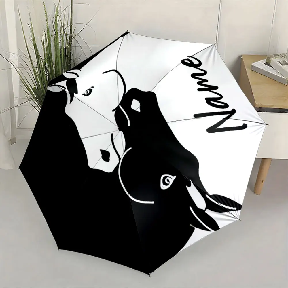 Custom Name Elegant Two-Tone Horse Design Umbrella Print 8 Iron Ribs Folding Umbrella, Auto-Open Fashion Sunshade