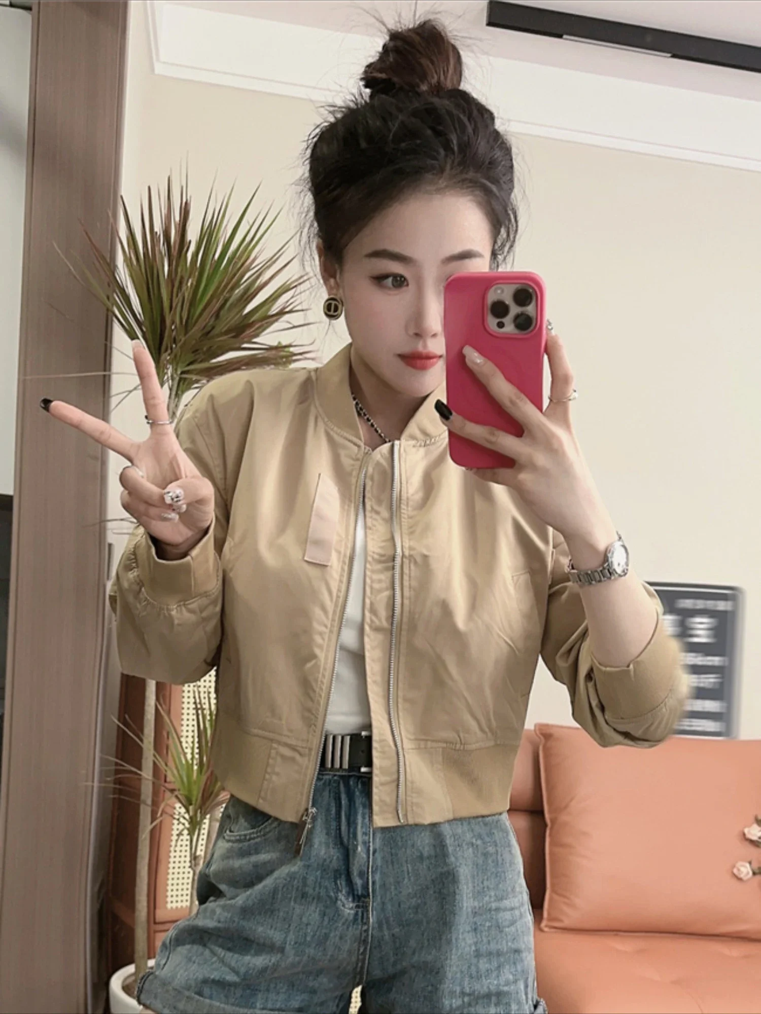 Baseball Aviator Coat Woman Zip-up Khaki Short Spring Autumn Bomber Jacket for Women Casual Youthful Korean Style New Products