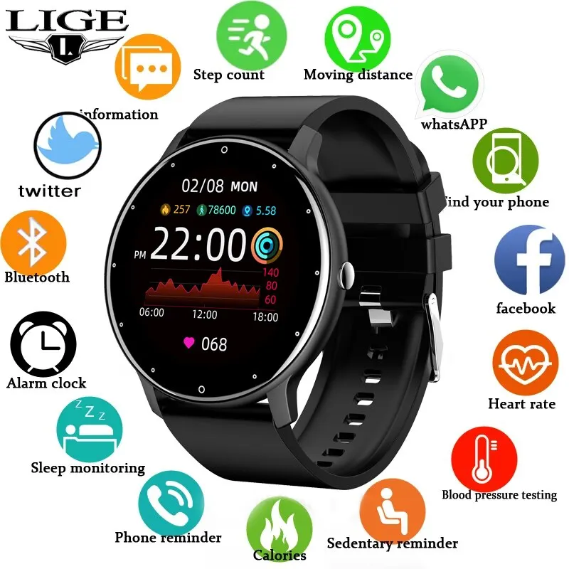 LIGE-Relógio Inteligente para Homens e Mulheres, Tela Sensível Ao Toque, Relógio Esportivo de Fitness, IP67 Impermeável, Bluetooth, Android, iOS Smartwatch