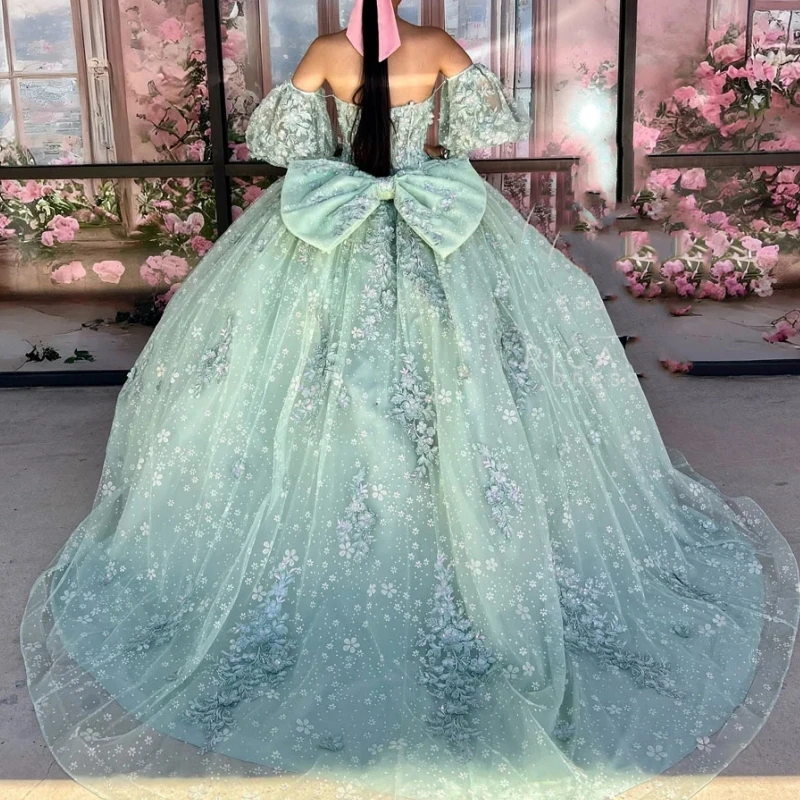 مخصص حكيم الأخضر 15 فتاة Quinceanera ثوب ثوب قبالة الكتف الدانتيل زين مشد المرأة عيد ميلاد حزب اللباس ملابس حفلة موسيقية