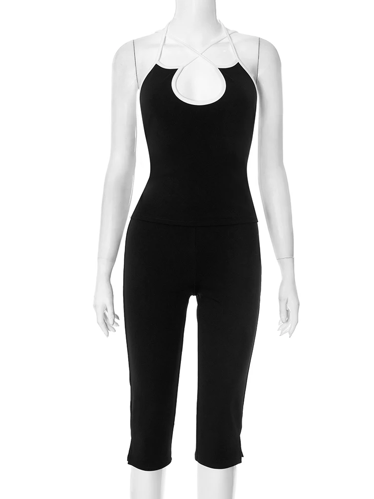 Macheda カジュアルスポーティ 2 点セット女性コントラストレースアップホルター背中の開いたキャミソール + スキニーストレッチパンツシンプルなファッショントラックスーツ