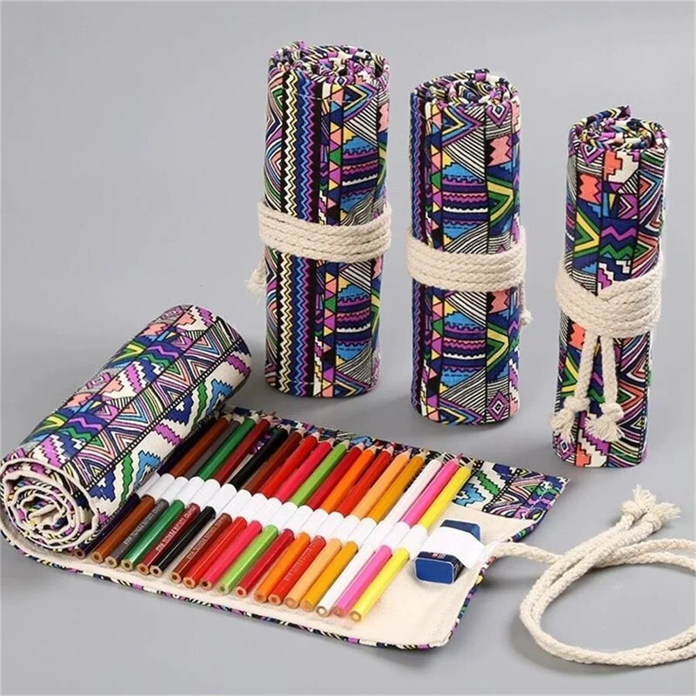Handmade Canvas Pen Curtain 36/48/72 Holes Paintings Pencil Bag Student Colored Pencil Brush Stationery Storage Bag Cosmetic Bag