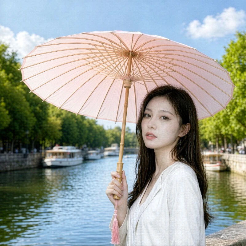 24-Bone Bamboo Handle Straight Umbrella Windproof Tassel Gradient Retro Artistic Design for Men Women Travel Daily Use 장우산