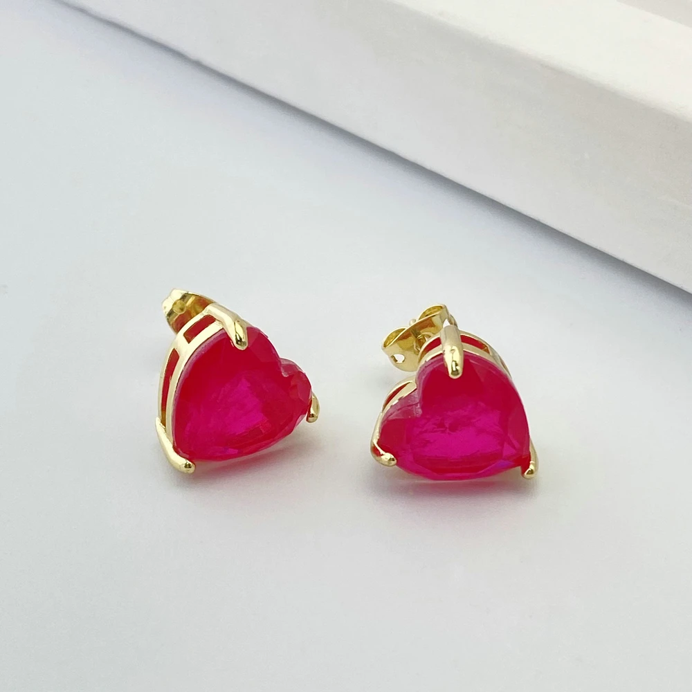 Fashion Pink Heart Women Earrings Jewelry Brazilian Gold Plated Green Color Gemstone Stud Earrings